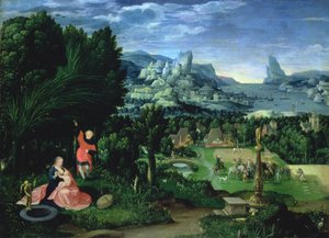 Odpoczynek w ucieczce do Egiptu, pejzaż namalowany przez Joachima Patinira (fl.1515-25) (panel)