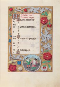 Godziny królowej Izabeli Katolickiej, królowej Hiszpanii: Fol. 11r, październik, ok. godz. 1500. autorstwa Master of the First Prayerbook of Maximillian