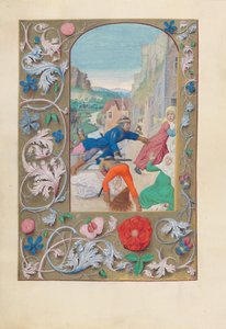 Godzinki królowej Izabeli Katolickiej, królowej Hiszpanii:  Fol. 146v, Masakra niewiniątek i ucieczka do Egiptu autorstwa Master of the First Prayerbook of Maximillian