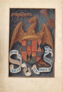 Godziny królowej Izabeli Katolickiej, królowej Hiszpanii: Fol. 1v, Broń i motta Isabel la Católica
