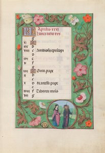 Godziny królowej Izabeli Katolickiej, królowej Hiszpanii: Fol. 5r, kwiecień - Giermek i Dama, ok. godz. 1500. autorstwa Master of the First Prayerbook of Maximillian