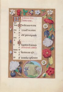 Godziny królowej Izabeli Katolickiej, królowej Hiszpanii: Fol. 8r, lipiec - Zbiór Pszenicy, ok. godz. 1500. autorstwa Master of the First Prayerbook of Maximillian