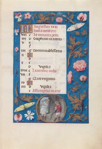 Godzinki królowej Izabeli Katolickiej, królowej Hiszpanii:  Fol. 9r, sierpień - Młócenie pszenicy autorstwa Master of the First Prayerbook of Maximillian