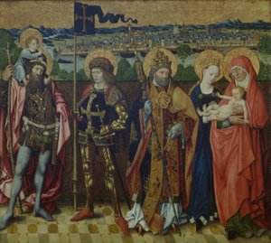 Św. Anna, Dziewica z Dzieciątkiem, Św. Krzysztof, Św. Gereon i Św. Piotr w krajobrazie, przedstawiający Kolonię i Siedem Wzgórz, ok. 1460-80 (dąb)