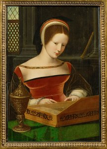 Dama przy klawikordzie. Naczynie z maścią jest atrybutem świętej Marii Magdaleny (obraz na płótnie) autorstwa Master of the Half Figures