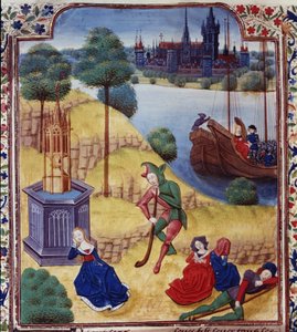 Dodaj 35322 fol.227v Ephigenia i Cimone, z Giovanniego Boccaccio (1313-75) „Decameron”, c.1475 (welum)
