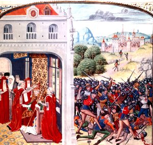 Konsekracja papieża Grzegorza IX w Awinionie Francja (pontyfikat w latach 1227-1241) przez Jeana Froissarta (welum)