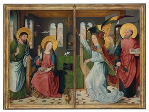 Zwiastowanie, ze świętymi Bartłomiejem i Piotrem, dwa skrzydła z ołtarza autorstwa Master of the Holy Kinship