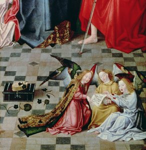 Ołtarz Siedmiu Radości Dziewicy: fragment trzech śpiewających aniołów, ok. 1480 (panel) (detal z 5896) autorstwa Master of the Holy Parent