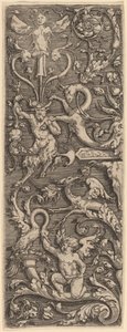 Ornament z Kupidynem, Satyrem i Figurami Groteskowymi autorstwa Master of the Horse Heads