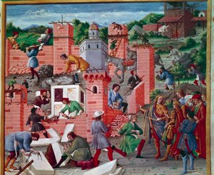Budowa miasta Rzymu. Bliźniacy Romulus i Remus odwiedzają witrynę (kontrola pracy i prace wstępne). Robotnicy są aktywni przy zadaniu: Macons, Stone Tailors, belier, marmur i cement (przygotowanie cementu) w pracy. Miniatura w „Romuleonie”. autorstwa Master of the Innocent III missal