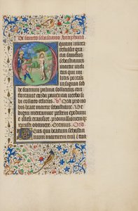 Inicjał O: Męczeństwo świętego Sebastiana autorstwa Master of the Llangattock Hours