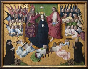 Koronacja Maryi. Reprezentacja Trójcy Świętej: Bóg, Jezus Chrystus i gołębica Ducha Świętego (Ducha Świętego). Obraz Mistrza Pasji Lyversbergera (czynny 1460-1490), olej na drewnie, wczesna sztuka niemiecka XV wiek. Monachium, Alte autorstwa Master of the Lyversberg Passion