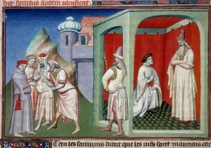 Jana Mandeville i sułtana. Kontrowersje między chrześcijanami i muzułmanami reprezentowanymi przez Jeana de Mandeville, badacza z Liege (1300-1372) i sułtana Saracenów. Miniatura w „Księdze cudów świata”” Ms. 2810 Folio 175v. Rękopis