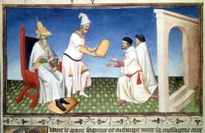Marco i Mattia Polo otrzymujący darowizny od Kubilay Khana, - Miniatura zaczerpnięta z „Księgi cudów”” („Wymyślanie świata”, „Il Milione”) Marco Polo (1254-1324) (Ms. 2810 , Folio 3v) wygłoszony przez Mistrza Mazarine, ok. 1410-1412