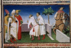Matteo i Niccolo bracia Polo proszą o conge z Qubilai (Kubilai Khan, pierwszy cesarz mongolskiej dynastii Yuan (1215-1294) Miniatura zaczerpnięta z „”Księgi cudów”””” („”Odchylenie świata”” , „” Il Milione””) Ms. 2820 folio 6. Enlu