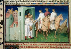 Matteo i Niccolo, bracia Polo opuszczający Wenecję. Miniatura zaczerpnięta z „”Księgi cudów””” („”Wymyślenie świata””, „”Il Milione””) Marco Polo (1254-1324) (Ms. 2810, Folio 4) wygłoszona przez Mistrza Mazarine, około 1410-1412. BN,