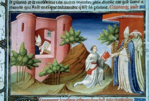 Papież Juliusz I (280-337) spotkał Wysłannika Atanazego z Aleksandrii podczas soboru Sardyckiego. Posłaniec przybył bronić pozycji patriarchy na wygnaniu w Aleksandrii Miniatura w rękopisie „Księga cudów świata” enlumin