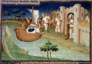 Bracia Polo (w tym Marco Polo) przybywają do Ormuz z Indii na statku towarowym. Miniatura w „Księdze cudów” („Devisement du monde”, „Il Milione”) (Ms. 2810, Folio 14v). Rękopis enlubowany przez Mistrza Mazarine