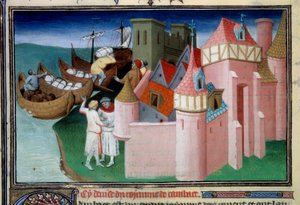 Rozładunek piłek w mieście Khambhat w Indiach. Miniatura w „Księdze cudów” („Devisement du monde”, „Il Milione”) Ms2810, Folio 86v. Rękopis enlubowany przez Mistrza Mazarine i napisany przez Marco Polo (1254-1324), ca. 1410-1412. BN, Par