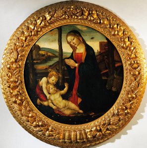 Madonna z Dzieciątkiem z niemowlęciem Święty Jan Chrzciciel, obraz przypisywany Mistrzowi z Tondo Miller (koniec XV w.). autorstwa Master of the Miller Tondo (attr. to)
