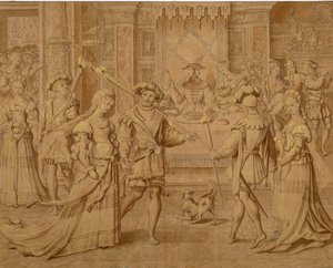 „Petit Patron” za pełnowymiarową kreskówkę z gobelinem „Styczeń” (czarna kreda i brązowa farba ze złotem na papierze) autorstwa Master of the Months of Lucas