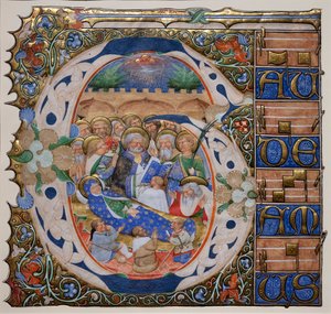 Historyczny inicjał ze śmiercią dziewicy. Mistrz Graduału Murano. Ca 1420 (pergamin)