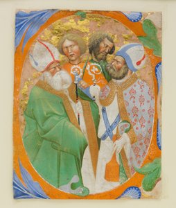 Iluminacja rękopisu z czterema świętymi w inicjale O, z księgi chóralnej, 1440-50.