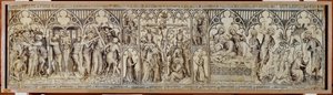 Ołtarz w Narbonne: Chrystus wzięty do niewoli, wyszydzony, korona cierniowa, ukrzyżowanie, złożenie do grobu, zmartwychwstanie ... autorstwa Master of the Parement of Narbonne
