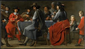 Spotkanie hazardzistów z graczem liry korbowej, ok. 1660 autorstwa Master of the Processions