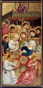 Śmierć dziewicy. Święci przybywają, aby zgromadzić się wokół łoża lub położyć ciało Maryi Panny. Obraz mistrza Górnego Renu autorstwa Master of the Rhine