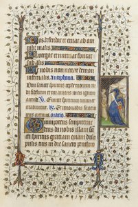 Ms 62 f.132r Personifikacja Nekromancji przeszywająca księgę z „Godzin Ducha Świętego” Guillaume de Deguileville 1350, 1417 (atrament i złoto płatkowe na pergaminie)