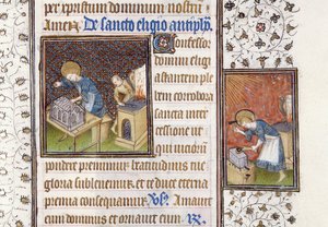 Ms 62 f.215r Św. Eligiusz buduje Sanktuarium; Św. Eligiusz w kowadle, z Księgi Godzin
