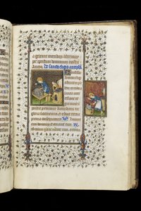Ms 62 f.215r Św. Eligiusz buduje Sanktuarium; Św. Eligiusz w kowadle, z Księgi Godzin, ok. 1445-50 (welum)