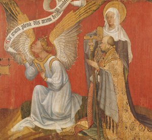 Tablica z dyptyku przedstawiająca Anioła Zwiastowania, Dawcę i świętą, prawdopodobnie św. Marię Magdalenę, ok. 1420