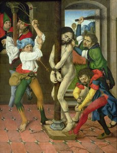 Biczowanie Chrystusa, panel boczny Ołtarza Męki Pańskiej (olej na desce) autorstwa Master of the Strache Altar