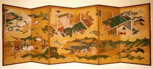 Tales Of Genji, ok. 1650 r. (atrament, kolor i płatki złota na papierze, sześciokrotny ekran) autorstwa Matabei Iwasa