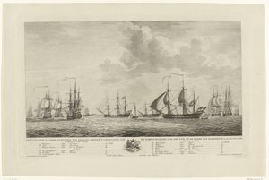 Holenderska flota wojenna u wybrzeży Rammekens, 1782-1783 Widok narodowych okrętów wojennych pod dowództwem kontradmirała van Kruyne na redzie Rammekens, w den Jaare 1782 i 1783 (tytuł na obiekcie)