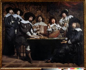 Spotkania amatorskie czy akademicki Zjazd artystów i intelektualistów. Obraz Mathieu Le Nain (Lenain) (1607-1677) XVII w. Słońce. 1,16x1,46 m paryskie musee du Louvre