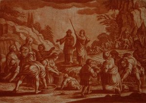 Izraelici zbierają mannę, ilustracja z Biblii, sztychowana przez Gabriela Bodeneera (1673-1766) (rycina w sepii) autorstwa Mattaus II (after) Merian
