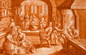 Historia Marii i Marty, ilustracja z Biblii, sztychowana przez J.C. Bodenehra (rycina w sepii)