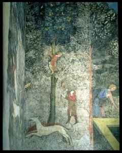 Psy myśliwskie i mężczyźni wspinający się po drzewie, fragment dekoracji z fresku La Chambre du Cerf Pokój Kawalerski 1347