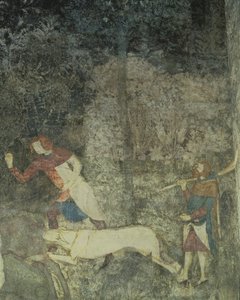 Mężczyźni polujący z psami, fragment dekoracji z La Chambre du Cerf Pokój Kawalerski 1347 fresk