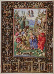 Yates Thompson 29 f.15b-16 Adoracja pasterzy, z „Godzin Bonaparte Ghislieri”, Bolonia, ok. 1500 (welum)