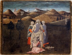 Legenda o Romulusie i Remusie: narodziny Rhea Silvia. Obraz Matteo di Giovanni (1430-1495), detrempe na drewnie, 27,9 x 35,7 cm. Sztuka włoska XV wiek. Musee des Beaux Arts de Libourne.