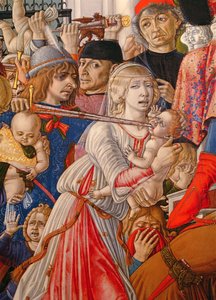 Rzeź niewiniątek, fragment żołnierza przebijającego mieczem dziecko, 1482 tempera na elemencie panelu z 106233