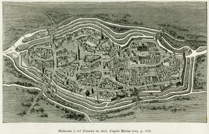 Miluza leci w 1642. Grawer Matthausa Meriana (1593-1650) ilustrujący historię A Przez Alzację i Lotaryngię, autorstwa Charlesa Grada, niemieckiego zastępcy, w 1885, w tour du monde 1886, reżyserowanym przez Edouarda Chartona (1807-1890) , Hachette, Paryż. autorstwa Matthaus the Elder (after) Merian