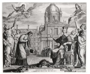 Robert de Sorbon (1201-94) i kardynał Richelieu (1575-1642) przed Sorboną, ryty przez Gregoire Huret (1606-70) 1639