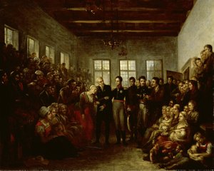 Książę Orange odwiedzający ofiary powodzi w sierocińcu Almoners w Amsterdamie, 14 lutego 1825 r.