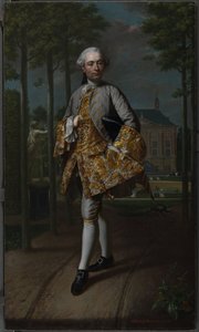 Portret Gerarda Cornelisa van Riebeecka Gerard Cornelis van Riebeeck (1722-1759), sekretarz Delft, prawdopodobnie stojący przed swoim domem wiejskim Essensteyn w Voorburgu